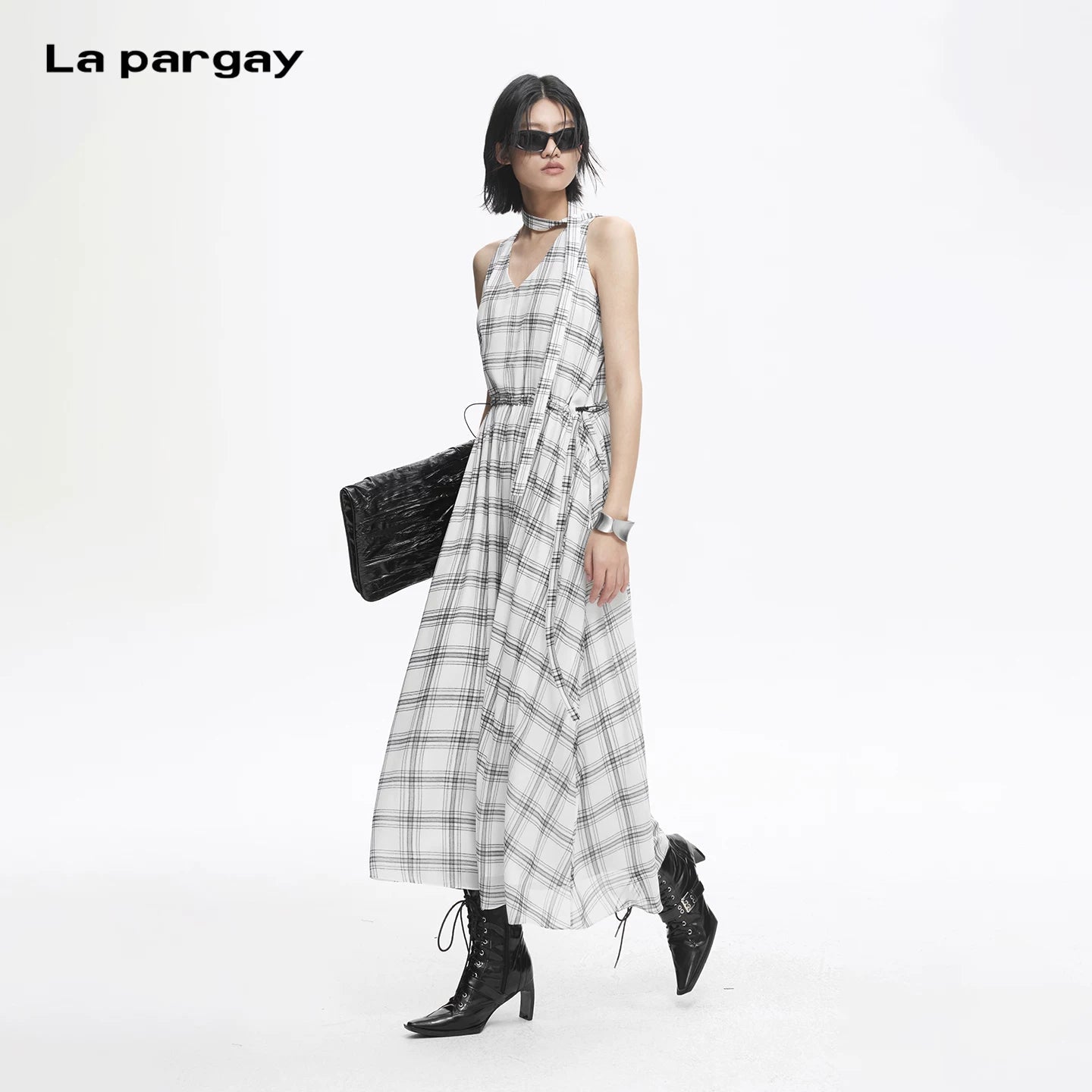 Lapargay plaid halter neck dress waist-cinching full skirt retro sleeveless dress L78209013C - Lapargay