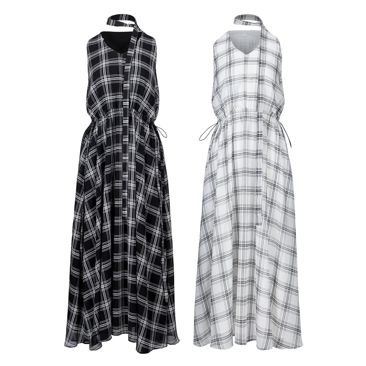 Lapargay plaid halter neck dress waist-cinching full skirt retro sleeveless dress L78209013C - Lapargay