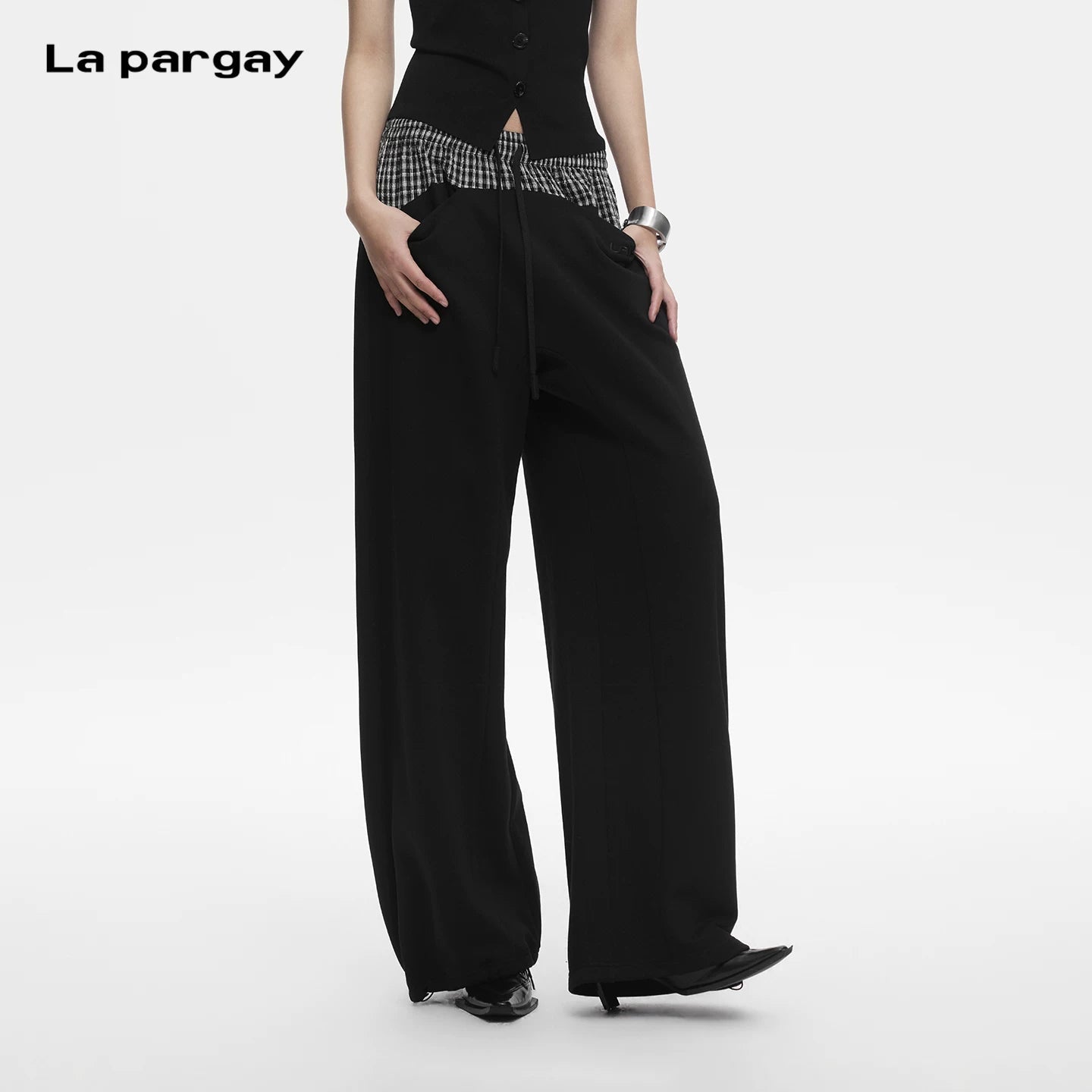 Lapargay Plaid Patchwork Fake Two-Piece Rich Layered Waist Lazy Wide Leg Pants L78202802C - Lapargay