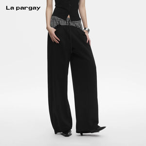 Lapargay Plaid Patchwork Fake Two-Piece Rich Layered Waist Lazy Wide Leg Pants L78202802C - Lapargay
