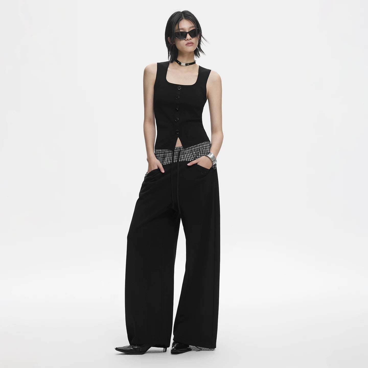 Lapargay Plaid Patchwork Fake Two-Piece Rich Layered Waist Lazy Wide Leg Pants L78202802C - Lapargay