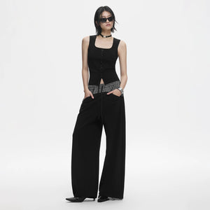 Lapargay Plaid Patchwork Fake Two-Piece Rich Layered Waist Lazy Wide Leg Pants L78202802C - Lapargay
