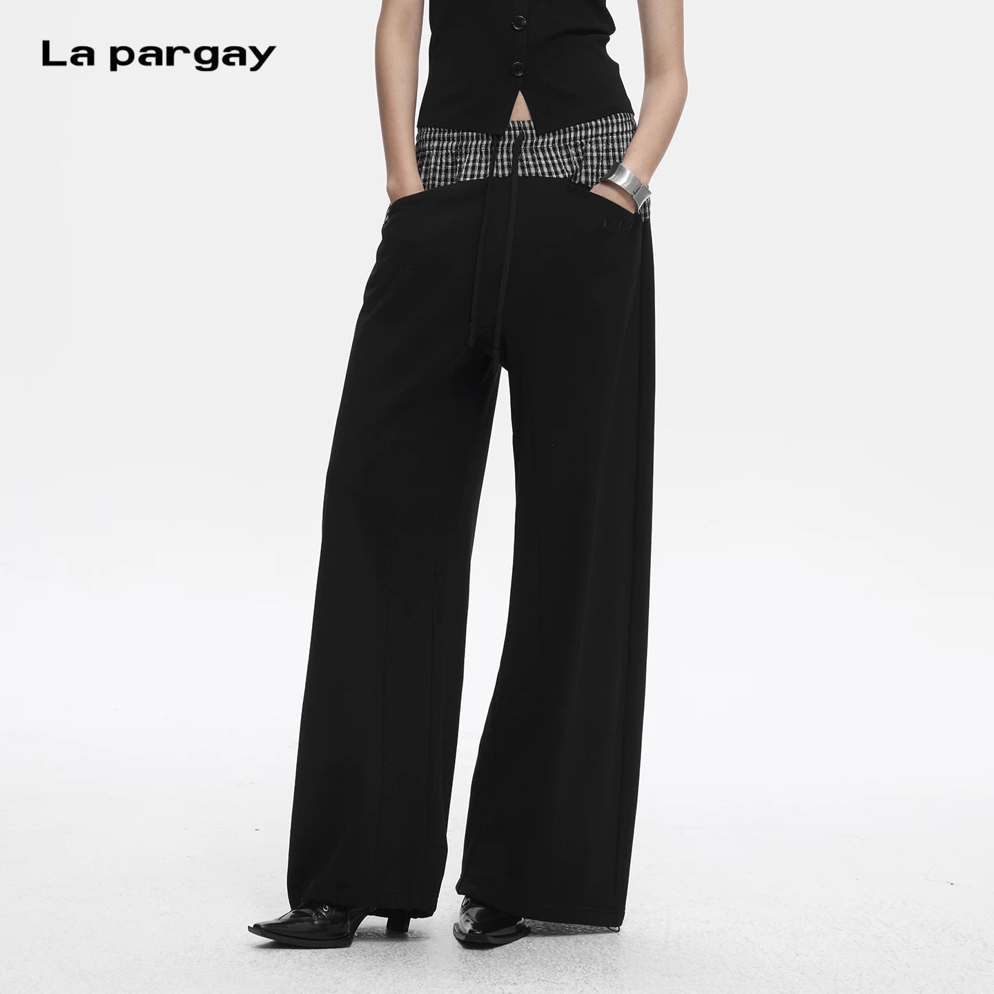 Lapargay Plaid Patchwork Fake Two-Piece Rich Layered Waist Lazy Wide Leg Pants L78202802C - Lapargay