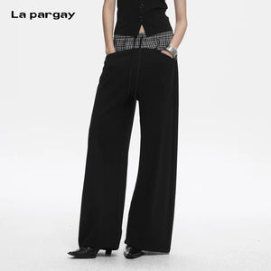 Lapargay Plaid Patchwork Fake Two-Piece Rich Layered Waist Lazy Wide Leg Pants L78202802C - Lapargay