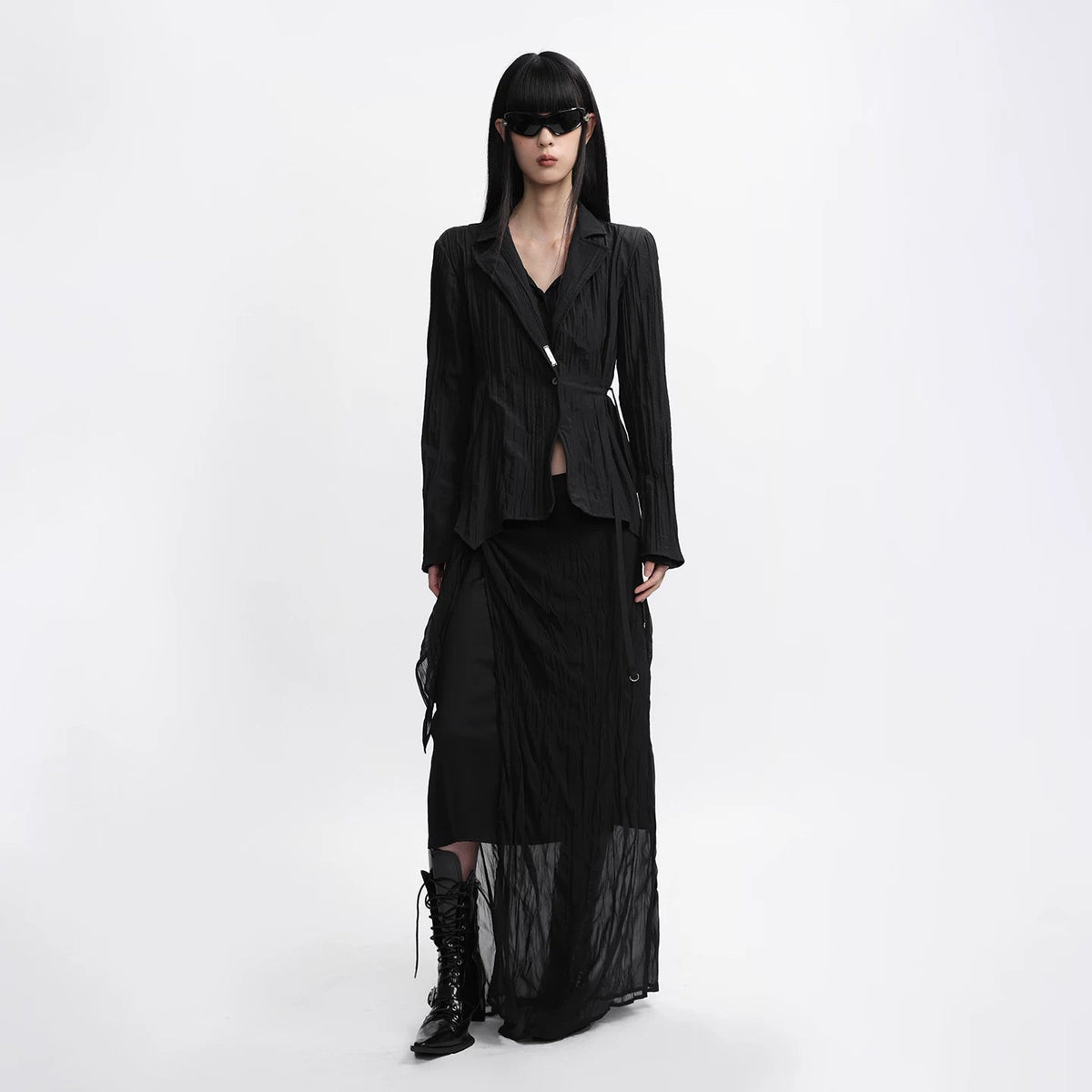 Lapargay Pleated Textured Short Jacket with Cinched Waist Tie, Irregular Hem L78101227B - Lapargay