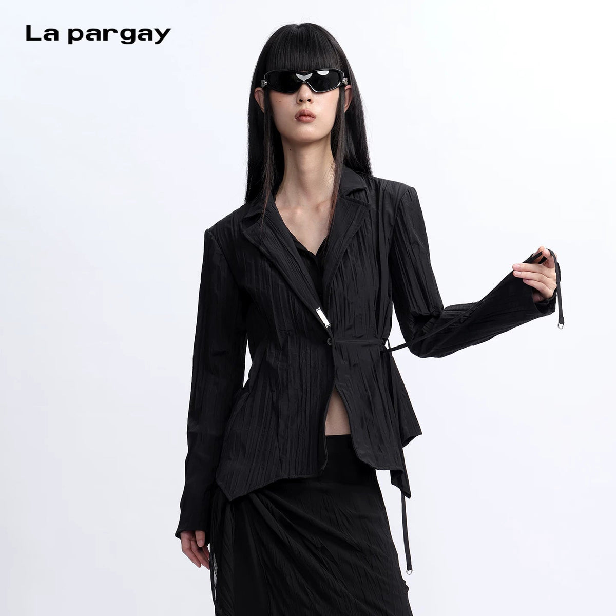 Lapargay Pleated Textured Short Jacket with Cinched Waist Tie, Irregular Hem L78101227B - Lapargay