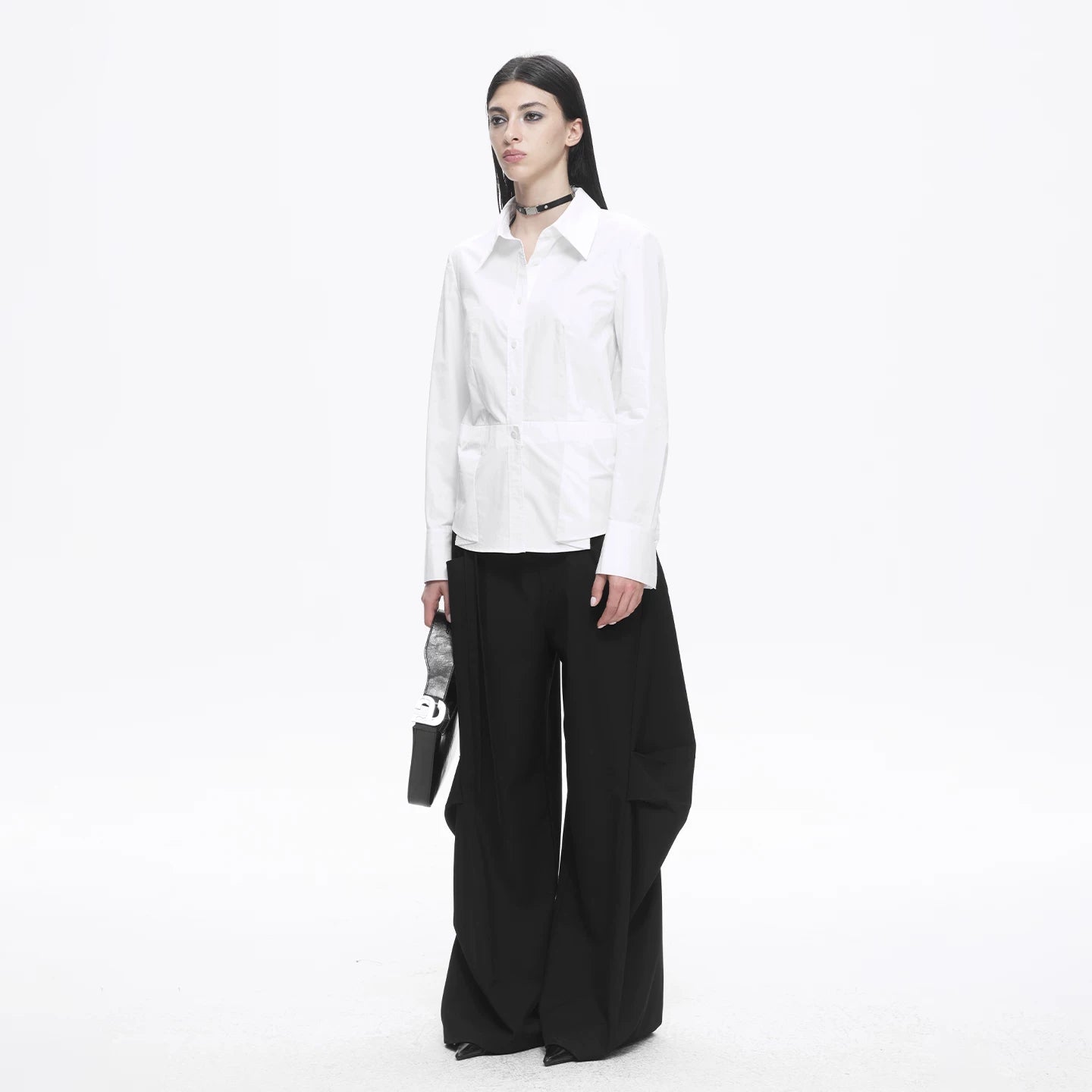 Lapargay Pure Cotton Fitted White Shirt, Asymmetric Hem, Three-Dimensional Tailoring L78101002C - Lapargay
