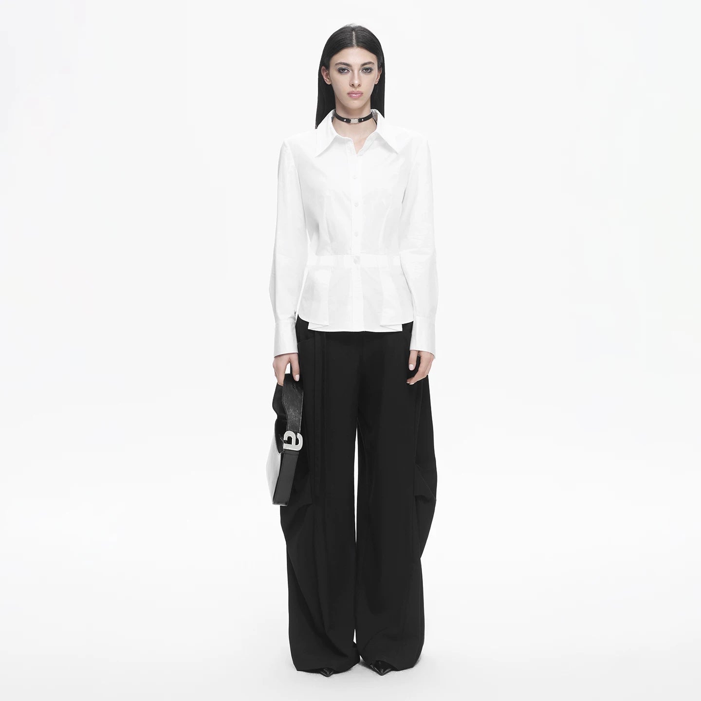 Lapargay Pure Cotton Fitted White Shirt, Asymmetric Hem, Three-Dimensional Tailoring L78101002C - Lapargay