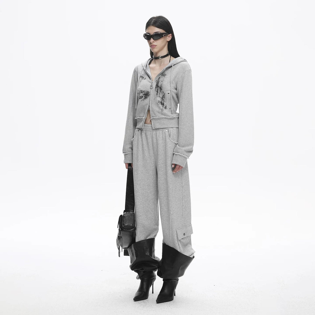Lapargay raw-edge cropped hooded jacket, washed print design, double zipper L78101201V - Lapargay