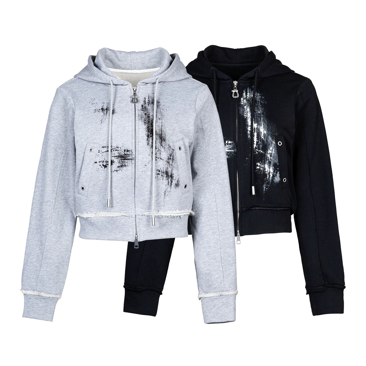 Lapargay raw-edge cropped hooded jacket, washed print design, double zipper L78101201V - Lapargay