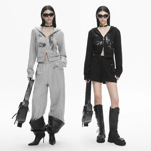 Lapargay raw-edge cropped hooded jacket, washed print design, double zipper L78101201V - Lapargay