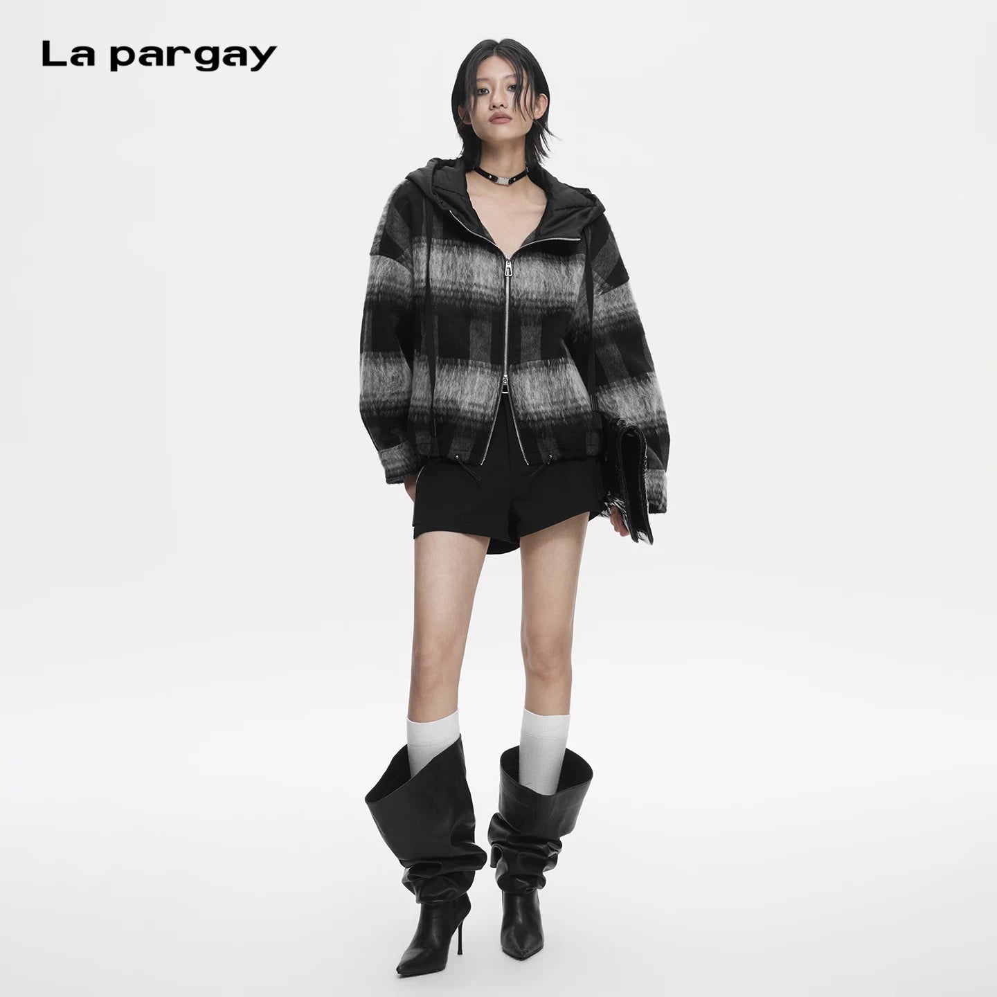 Lapargay relaxed oversized plaid jacket, double-layer zipper placket, soft plush texture L78101603V - Lapargay