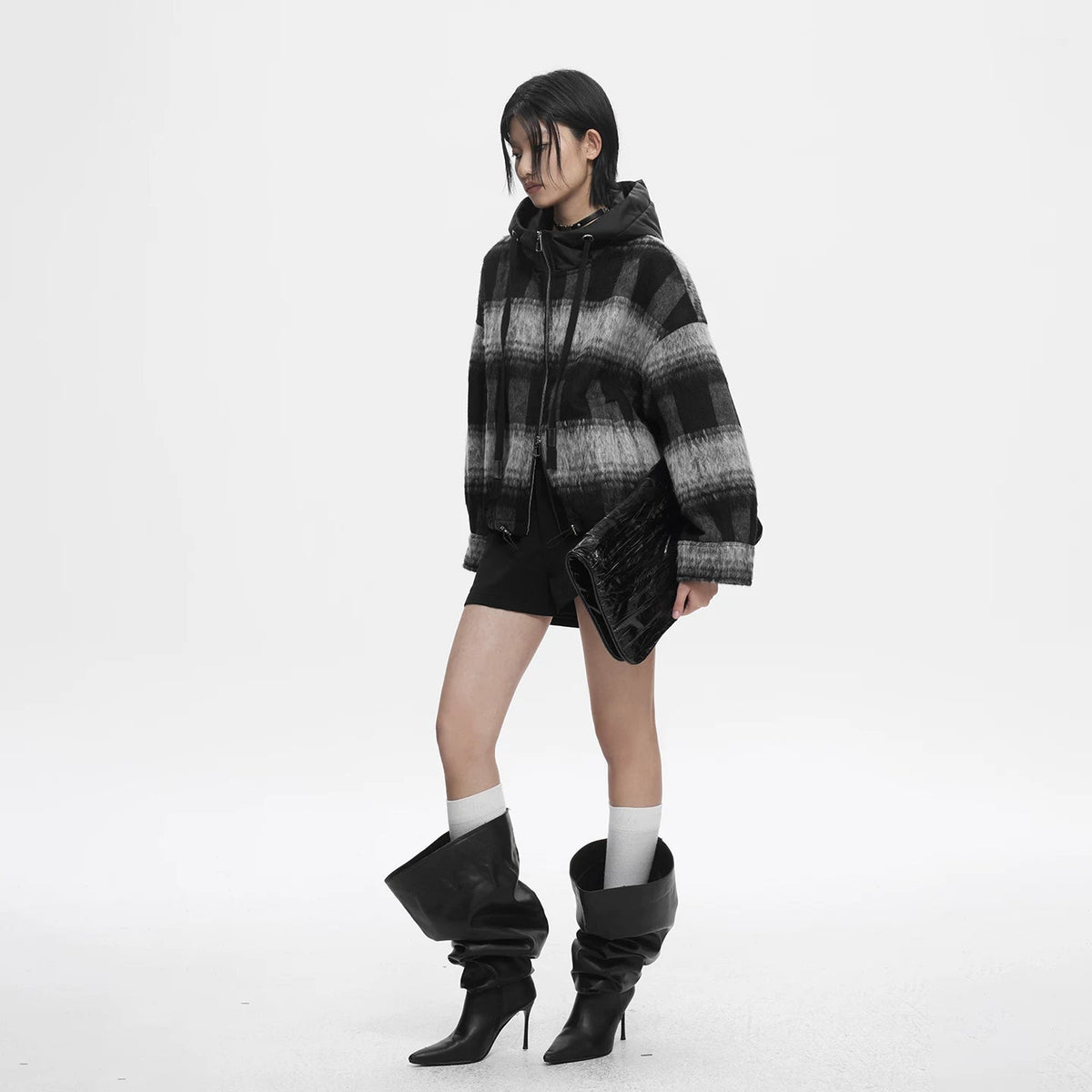 Lapargay relaxed oversized plaid jacket, double-layer zipper placket, soft plush texture L78101603V - Lapargay