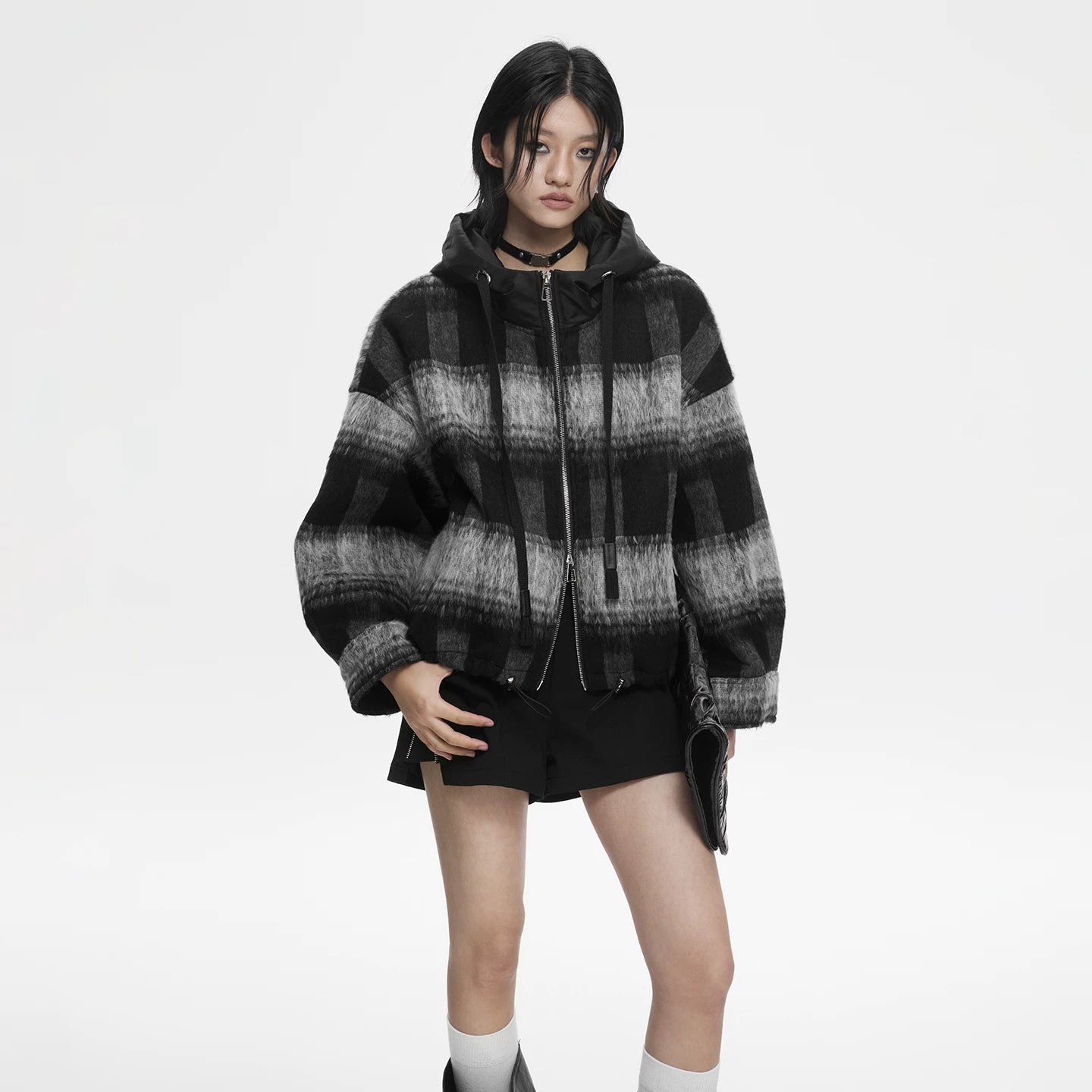 Lapargay relaxed oversized plaid jacket, double-layer zipper placket, soft plush texture L78101603V - Lapargay