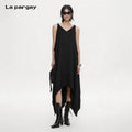 Lapargay Relaxed V-Neck Slip Dress Unrestricted Wide Cut Asymmetrical Side Slit Maxi Dress L60309027S - Lapargay