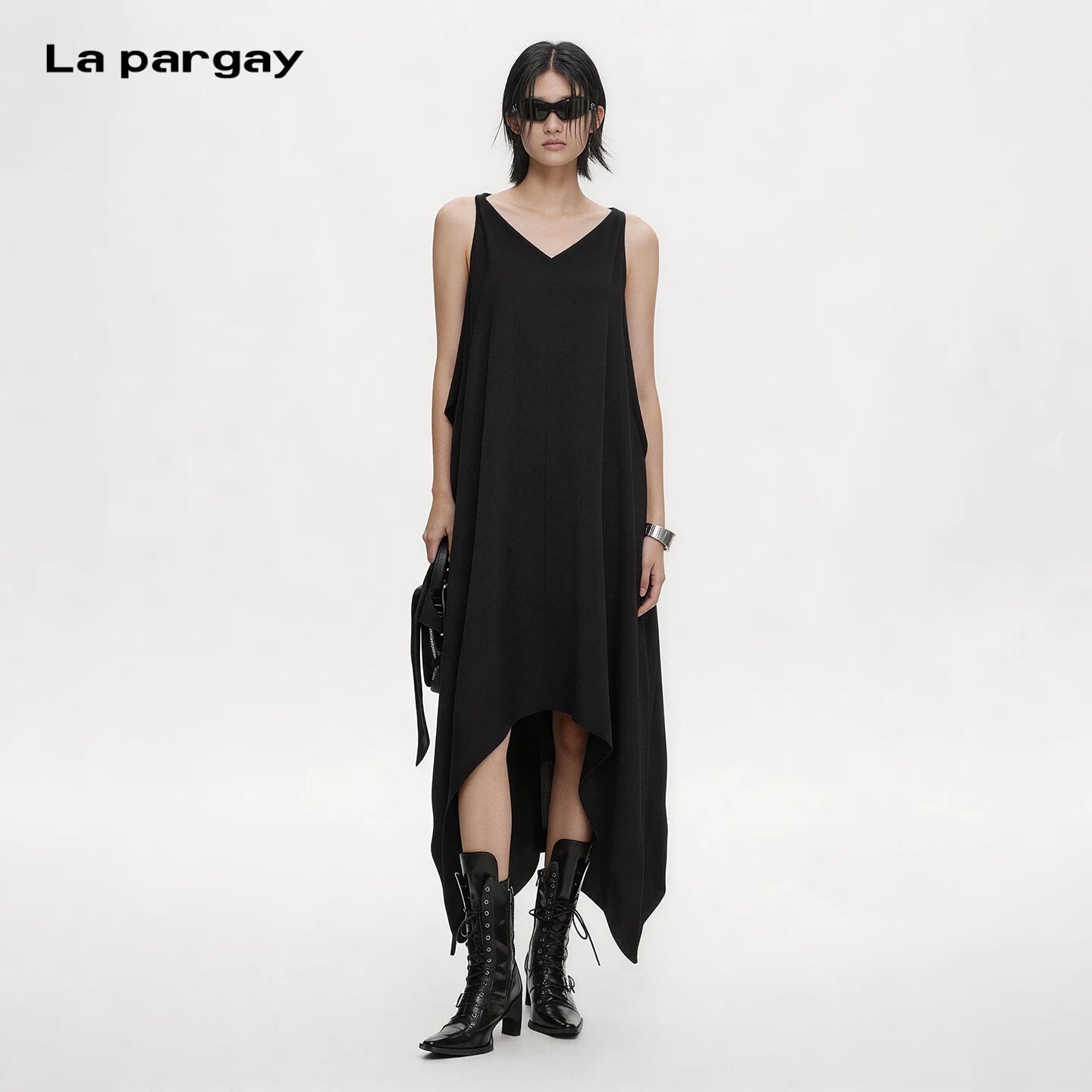 Lapargay Relaxed V-Neck Slip Dress Unrestricted Wide Cut Asymmetrical Side Slit Maxi Dress L60309027S - Lapargay