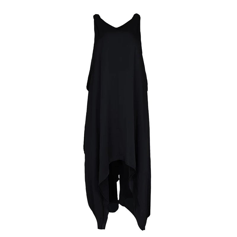 Lapargay Relaxed V-Neck Slip Dress Unrestricted Wide Cut Asymmetrical Side Slit Maxi Dress L60309027S - Lapargay