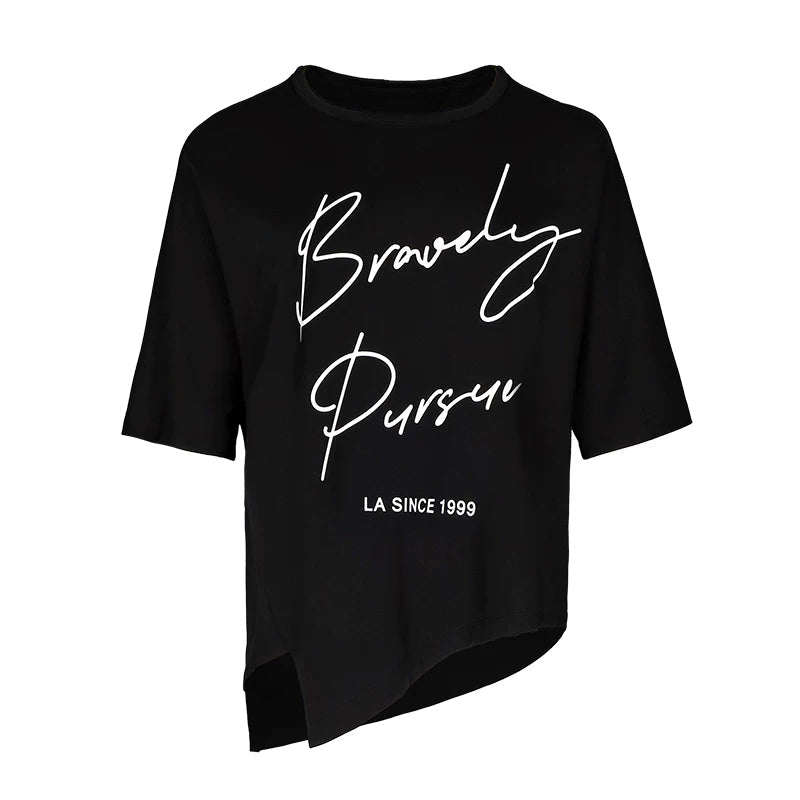 Lapargay round neck printed T-shirt slightly dropped shoulder half-sleeve irregular hem design L78200226V - Lapargay