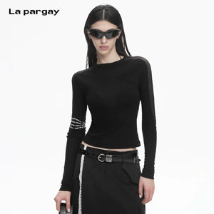 Lapargay Sexy Slim Fit Long Sleeve T-Shirt with Sheer Mesh Design, Waist Cinching Crop Top L78100301C - Lapargay