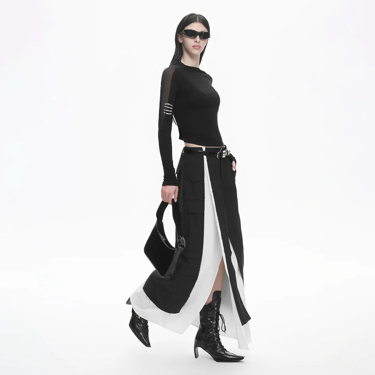 Lapargay Sexy Slim Fit Long Sleeve T-Shirt with Sheer Mesh Design, Waist Cinching Crop Top L78100301C - Lapargay