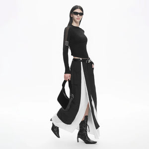 Lapargay Sexy Slim Fit Long Sleeve T-Shirt with Sheer Mesh Design, Waist Cinching Crop Top L78100301C - Lapargay