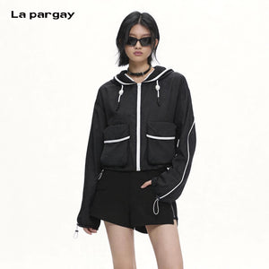 Lapargay short hooded jacket, lightweight and breathable, color-block details, multi-pocket design L75201202C - Lapargay