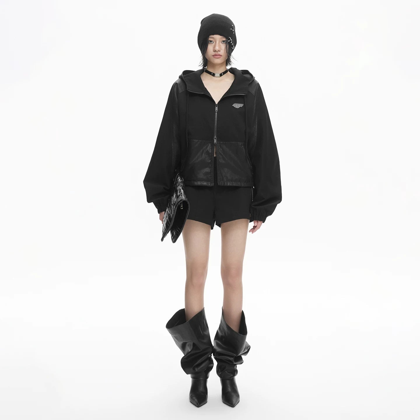 Lapargay Short PU Leather Jacket with Patchwork, Hooded Double Zipper, Loose Batwing Sleeve L78101221C - Lapargay