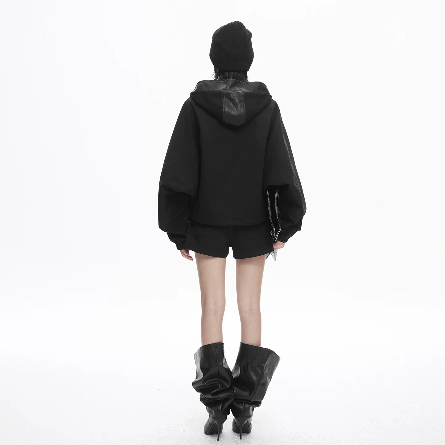 Lapargay Short PU Leather Jacket with Patchwork, Hooded Double Zipper, Loose Batwing Sleeve L78101221C - Lapargay