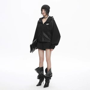Lapargay Short PU Leather Jacket with Patchwork, Hooded Double Zipper, Loose Batwing Sleeve L78101221C - Lapargay