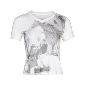 Lapargay short V-neck printed T-shirt with slim ribbed fit and abstract pattern design L78200209V - Lapargay