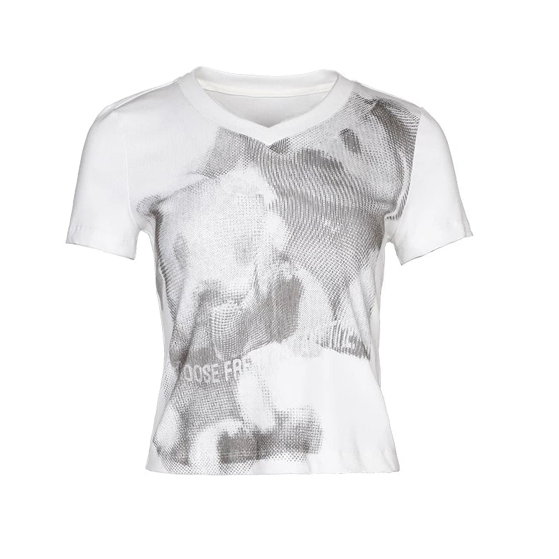 Lapargay short V-neck printed T-shirt with slim ribbed fit and abstract pattern design L78200209V - Lapargay