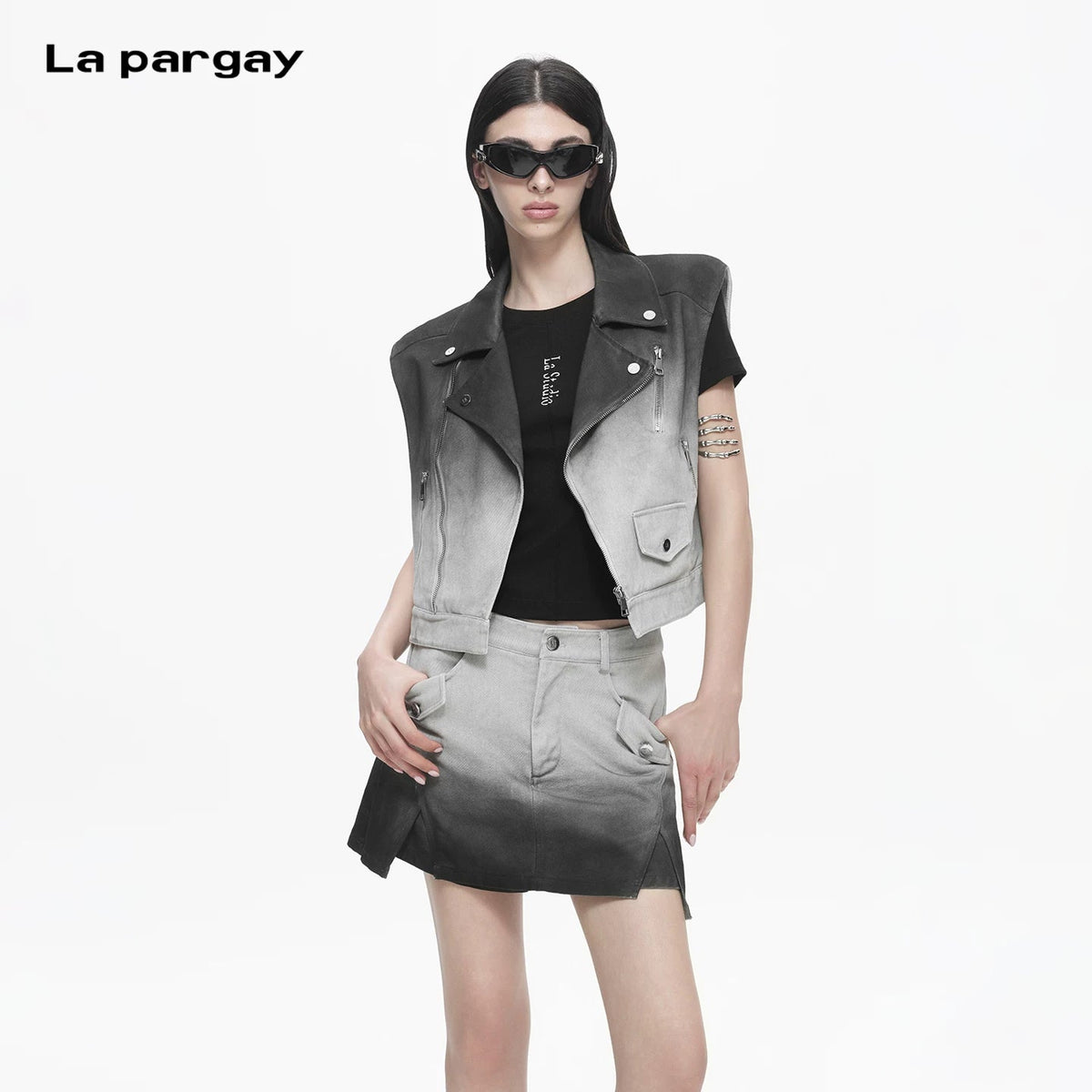 Lapargay sleeveless lapel vest gradient denim short jacket chic versatile shrug L78201401V - Lapargay