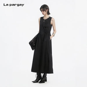 Lapargay sleeveless long dress cinched waist drawstring half-zip design L78209001C - Lapargay