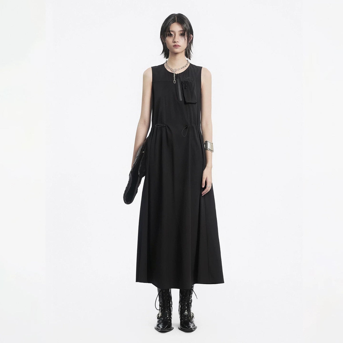 Lapargay sleeveless long dress cinched waist drawstring half-zip design L78209001C - Lapargay