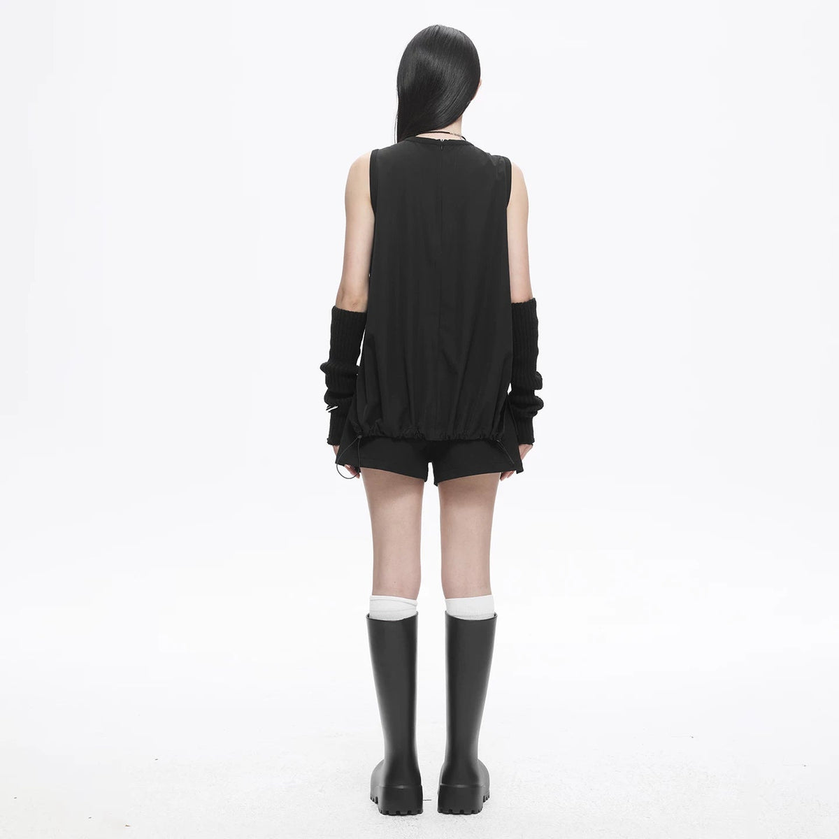 Lapargay Sleeveless T-Shirt Women Solid Black Tone Irregular Pleats Back Drawstring Detail L78201901C - Lapargay