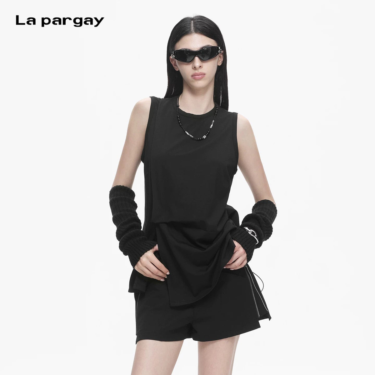 Lapargay Sleeveless T-Shirt Women Solid Black Tone Irregular Pleats Back Drawstring Detail L78201901C - Lapargay