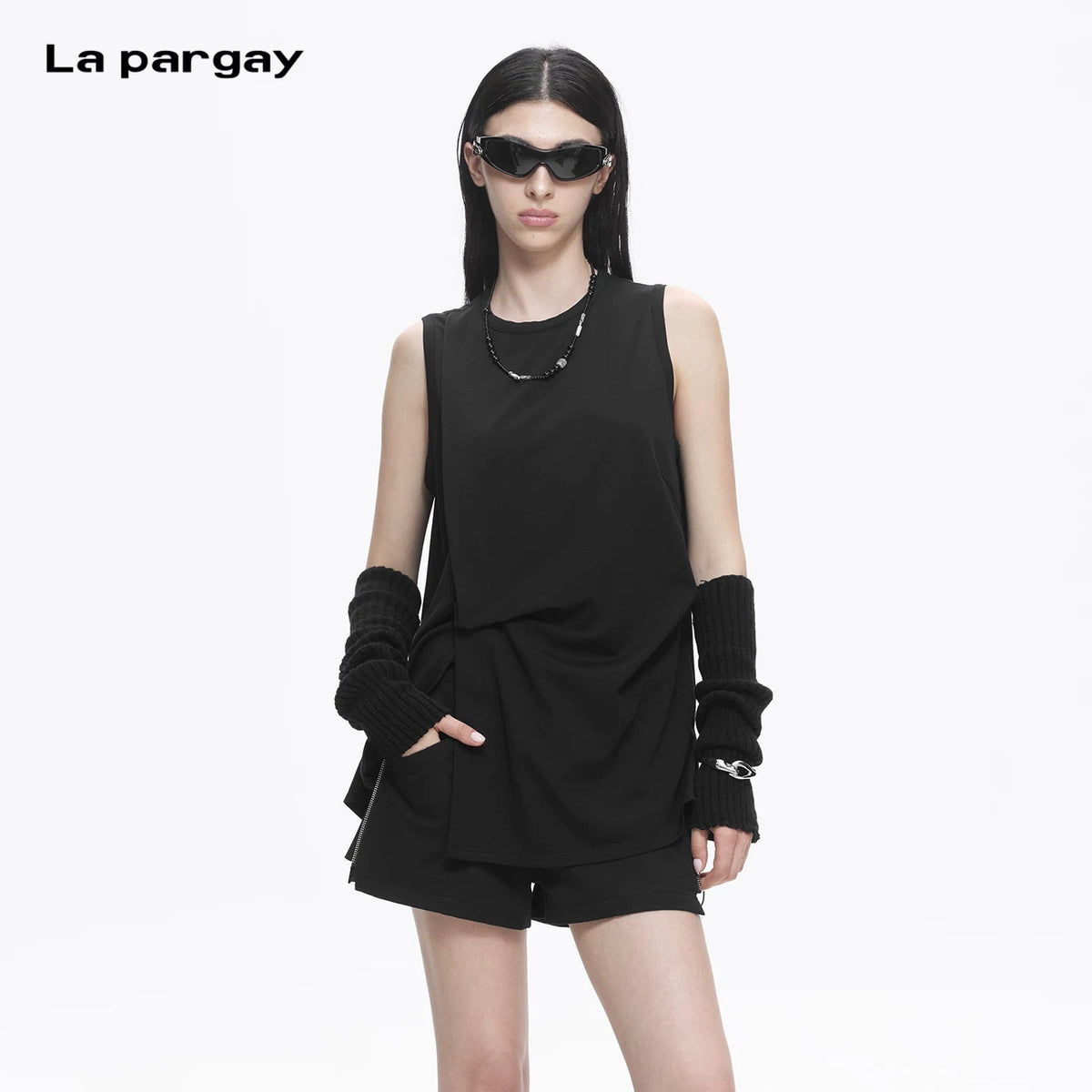 Lapargay Sleeveless T-Shirt Women Solid Black Tone Irregular Pleats Back Drawstring Detail L78201901C - Lapargay