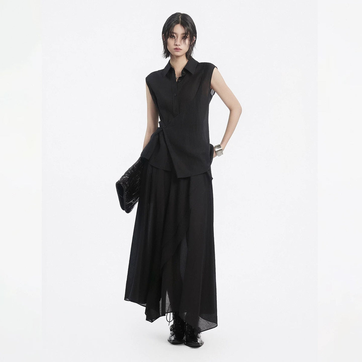 Lapargay slightly sheer irregular half skirt with layered ruffle design for a flowing atmosphere L78209110V - Lapargay