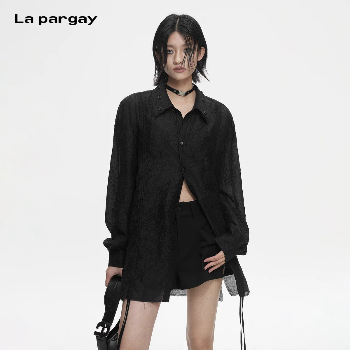 Lapargay slightly sheer lapel decorative button shirt side drawstring adjustable design L78201005V - Lapargay