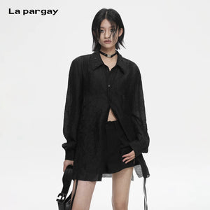 Lapargay slightly sheer lapel decorative button shirt side drawstring adjustable design L78201005V - Lapargay