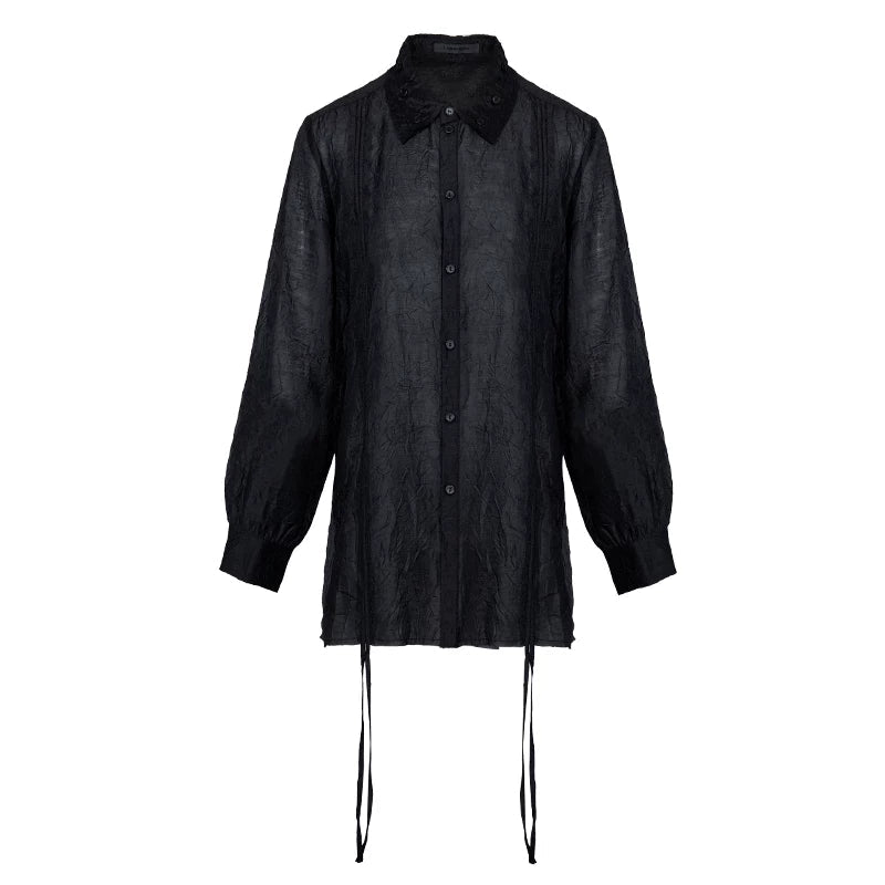 Lapargay slightly sheer lapel decorative button shirt side drawstring adjustable design L78201005V - Lapargay