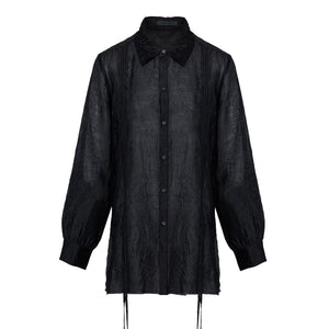 Lapargay slightly sheer lapel decorative button shirt side drawstring adjustable design L78201005V - Lapargay