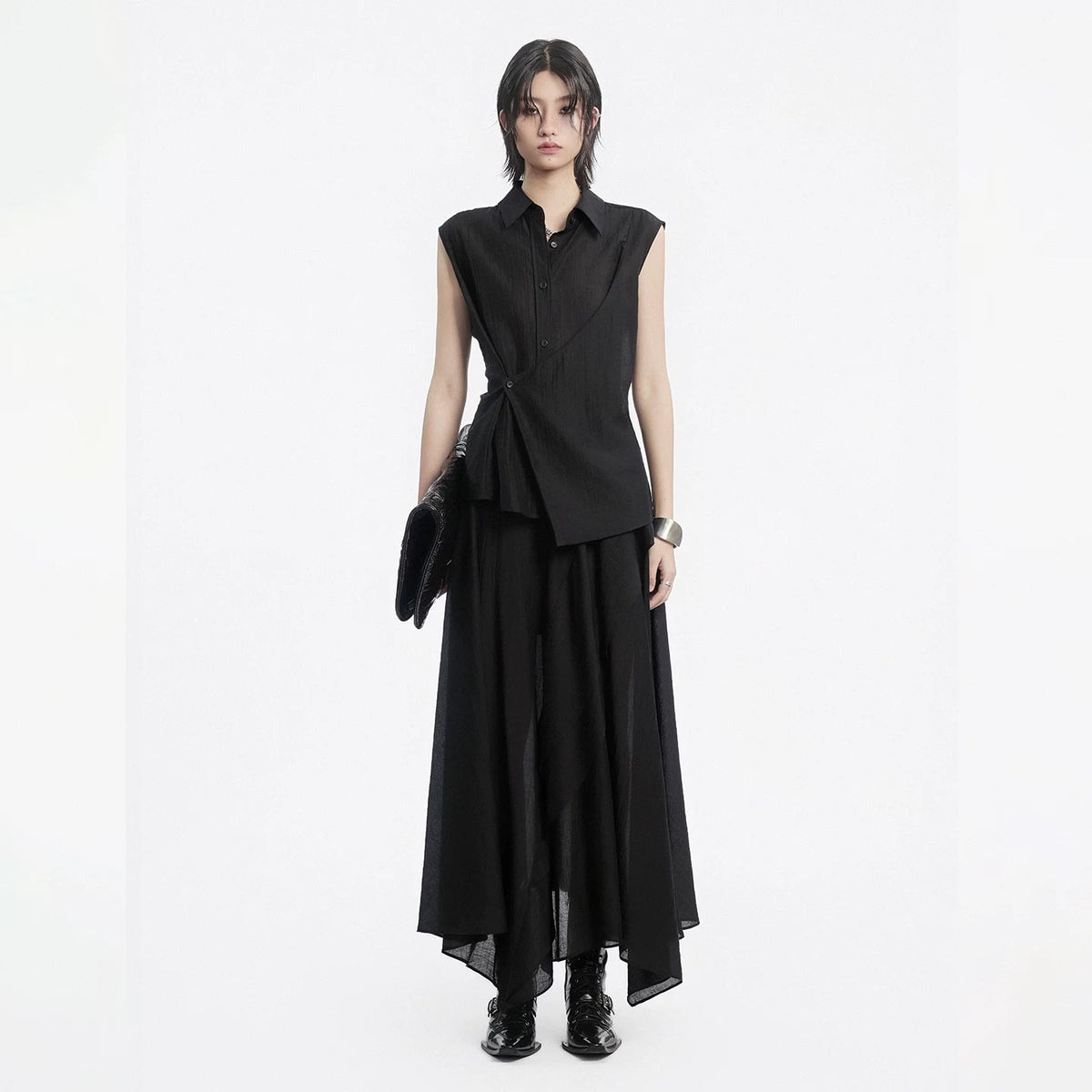 Lapargay slightly sheer sleeveless shirt asymmetrical overlapping design creates layered look L78201911V - Lapargay