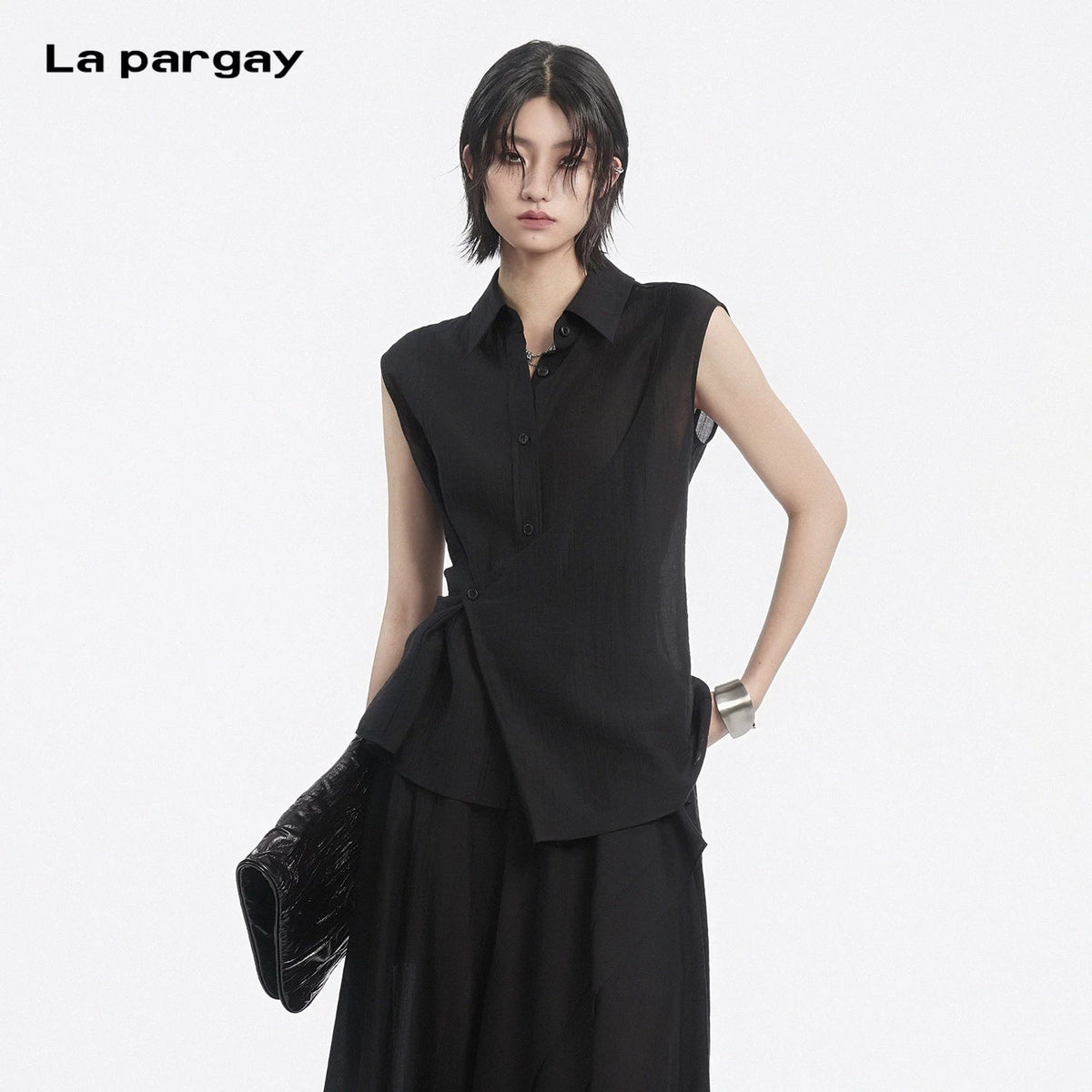 Lapargay slightly sheer sleeveless shirt asymmetrical overlapping design creates layered look L78201911V - Lapargay