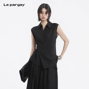 Lapargay slightly sheer sleeveless shirt asymmetrical overlapping design creates layered look L78201911V - Lapargay