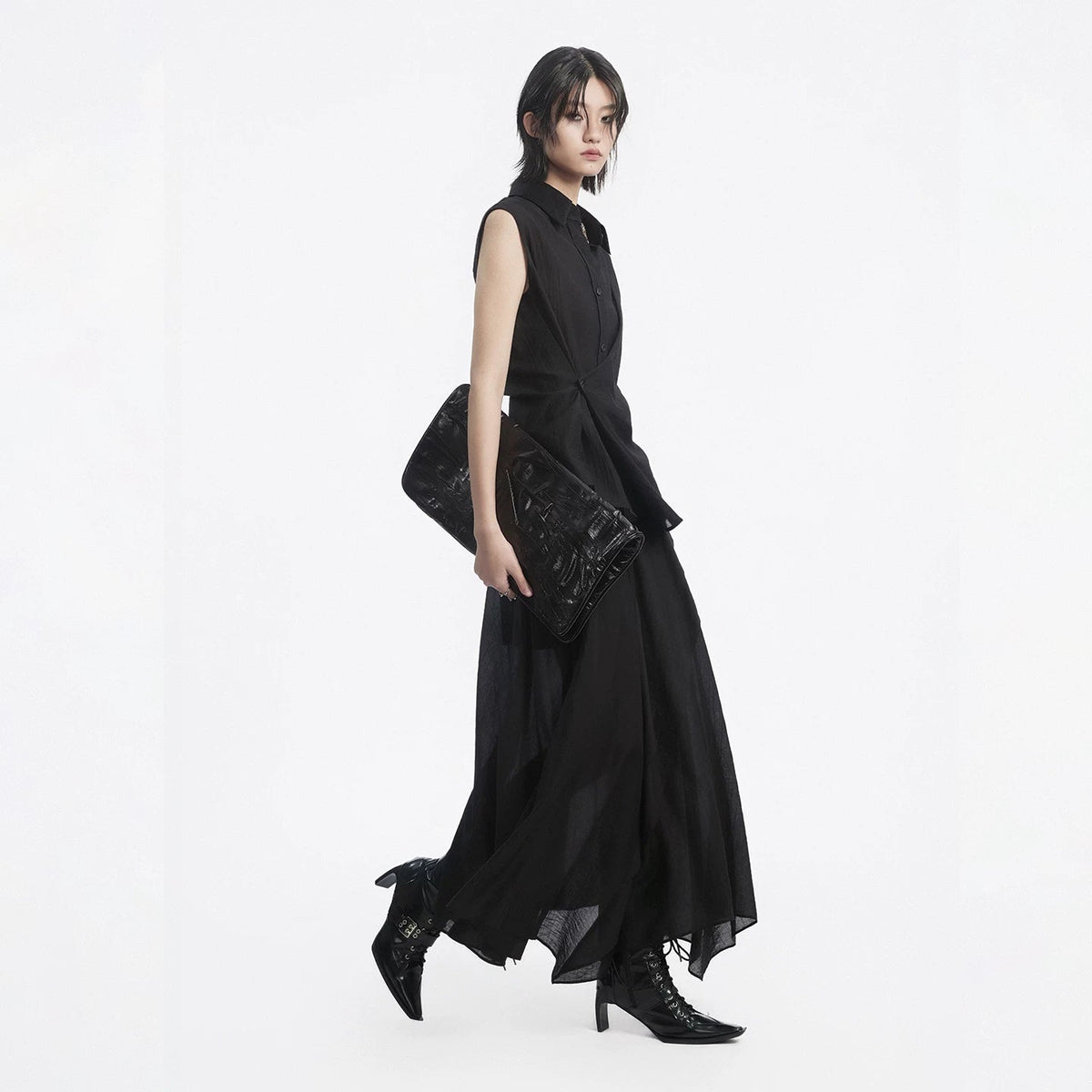 Lapargay slightly sheer sleeveless shirt asymmetrical overlapping design creates layered look L78201911V - Lapargay