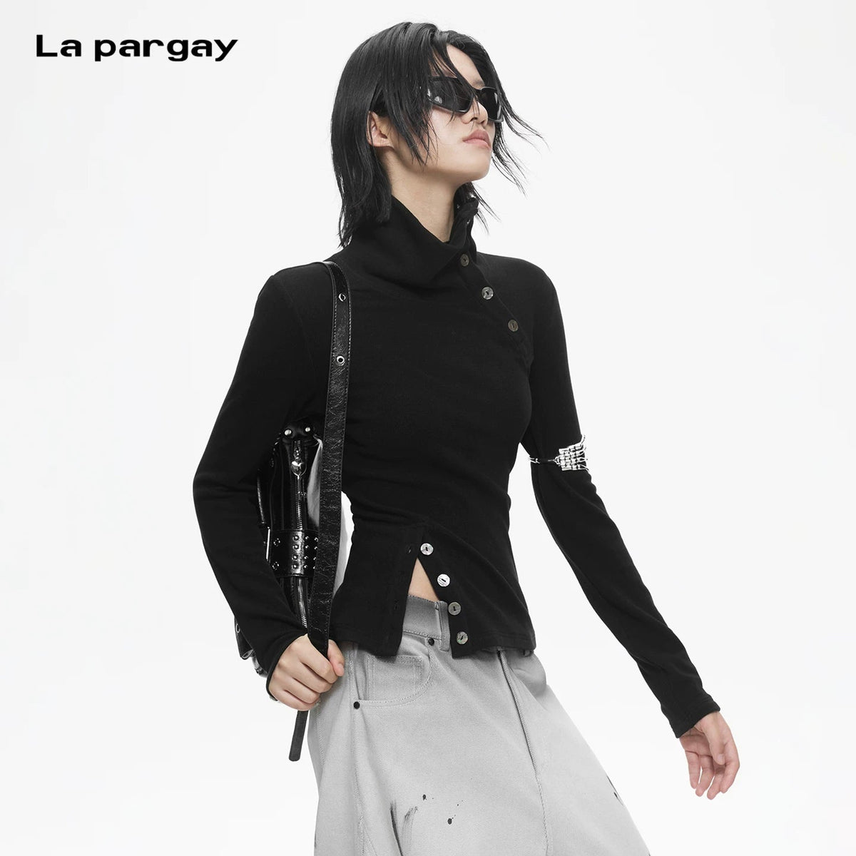 Lapargay Slim-fit High-neck Knit Top Adjustable Collar High-stretch Knit L78100313C - Lapargay