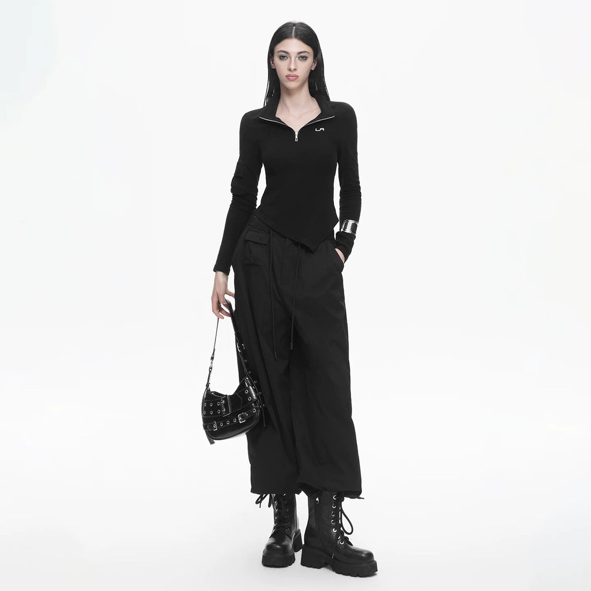 Lapargay Slim Fit Stand Collar Long-Sleeve T-Shirt with Half Zipper, Irregular Cropped Inner Layer L78100310C - Lapargay