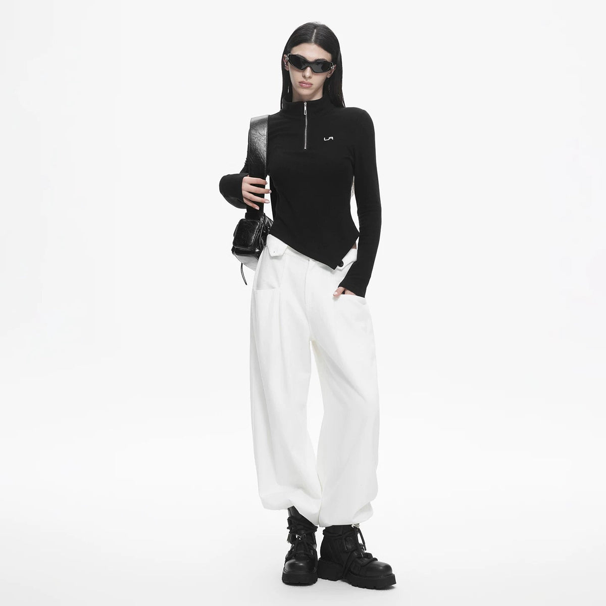 Lapargay Slim Fit Stand Collar Long-Sleeve T-Shirt with Half Zipper, Irregular Cropped Inner Layer L78100310C - Lapargay