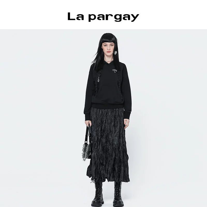 Lapargay Spring Autumn Long Sleeve Hooded Pullover Sweatshirt Women New Fashionable Age-Reducing Versatile Design Black Top - Lapargay